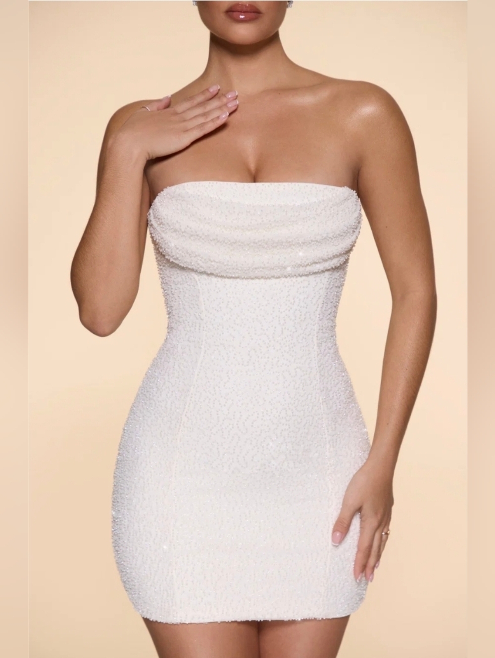 Oh Polly Nwt Basel Embellishment Strapless Cowl Neck Ivory Mini Dress Size 10